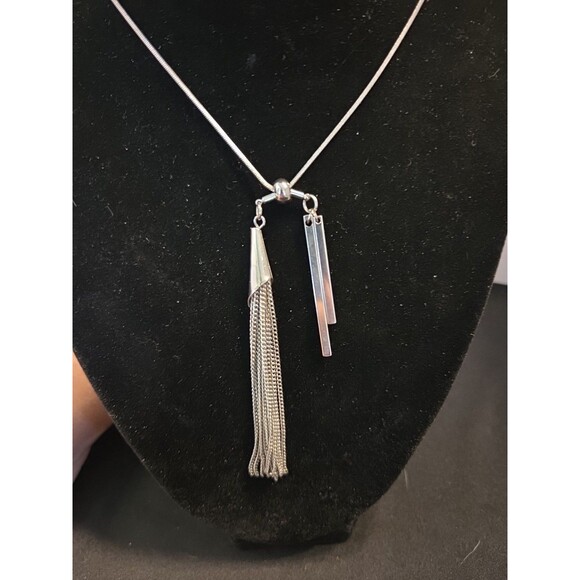 Silver Zipper Style Fully Adj Length 30" Long Necklace, 2 Long Bars & Tassel - Picture 8 of 9